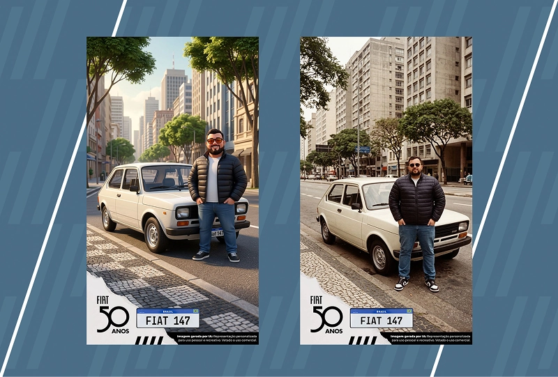 Fiat Pulse em diferentes estilos visuais Montagem com três versões de um Fiat Pulse em ambiente urbano, nos estilos colagem, ilustração 3D e fotografia realista.