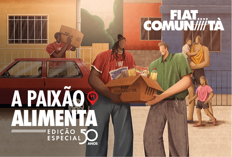 Ilustração de pessoas transportando caixas com alimentos em frente a residências. A peça destaca a campanha social "A Paixão Alimenta". Campanha A Paixão Alimenta