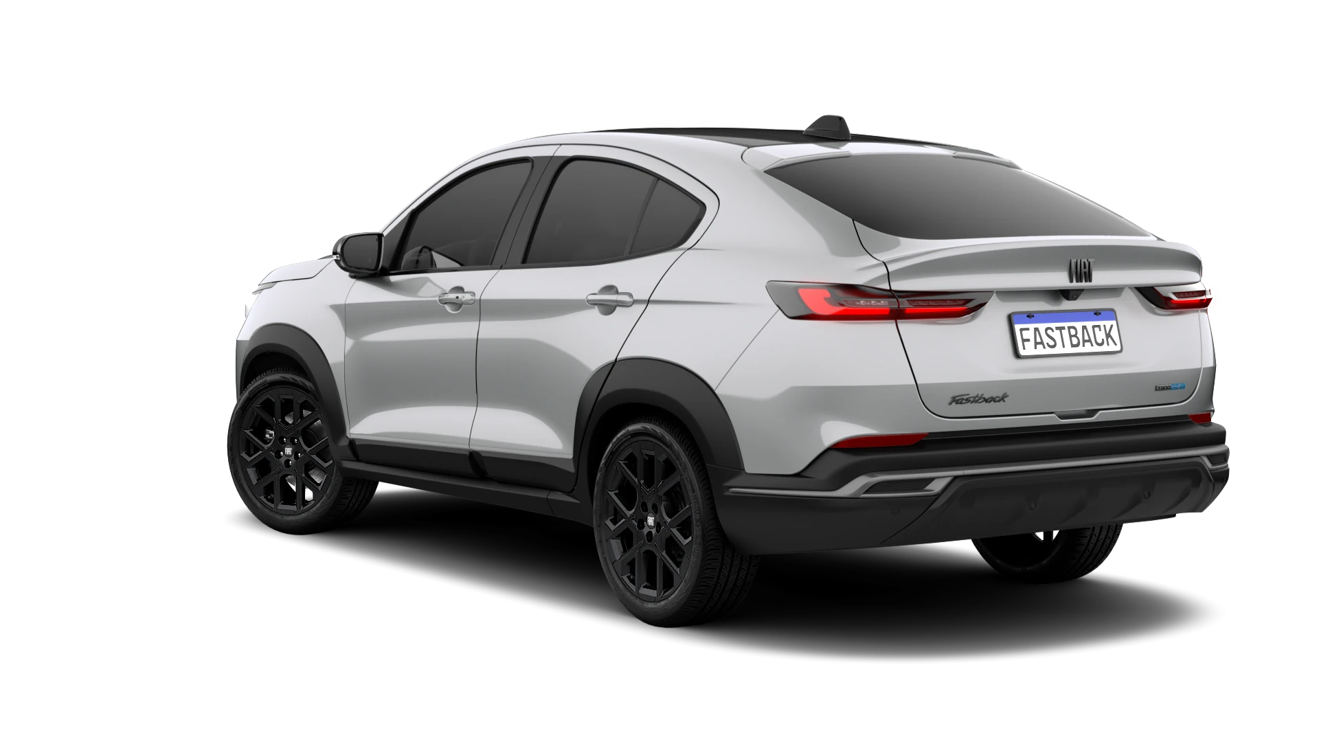 Fiat Fastback T200 Flex MHEV 12 V Traseira do Fiat Fastback T200 Flex MHEV 12 V cinza, com lanternas horizontais em LED, placa Fastback e rodas de liga-leve.