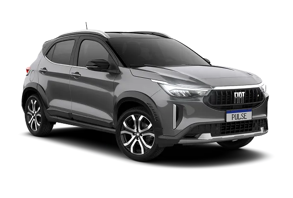 Fiat Pulse T200 Flex MHEV 12 V cinza, com teto preto, grade preta com logo Fiat, faróis em LED e rodas de liga-leve.