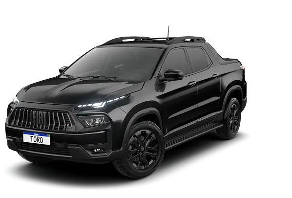 Fiat Toro Ultra T270 Flex MHEV 48 V preta, com grade escurecida, logo Fiat central, faróis em LED e rodas pretas.