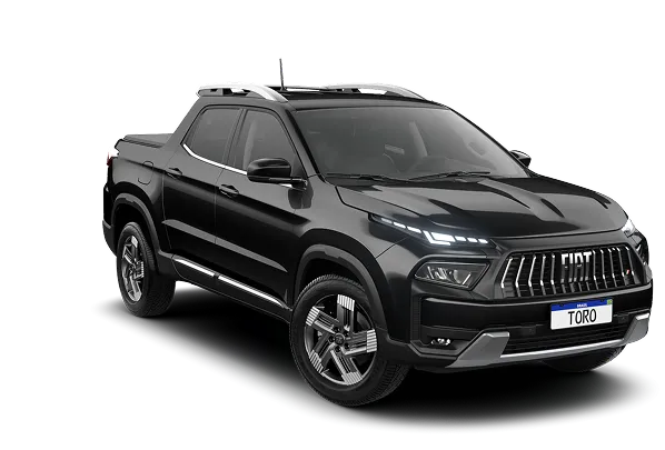 Fiat Toro Volcano T270 Flex MHEV 48 V preta, com grade vertical escurecida, logo Fiat central, faróis em LED e rodas de liga-leve.