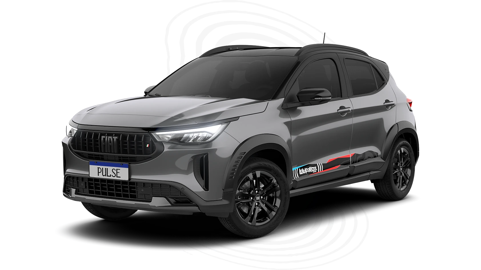Fiat Pulse na cor Cinza Silverstone em visão frontal lateral esquerda sobre fundo com desenhos circulares azuis, como vibrações sonoras.