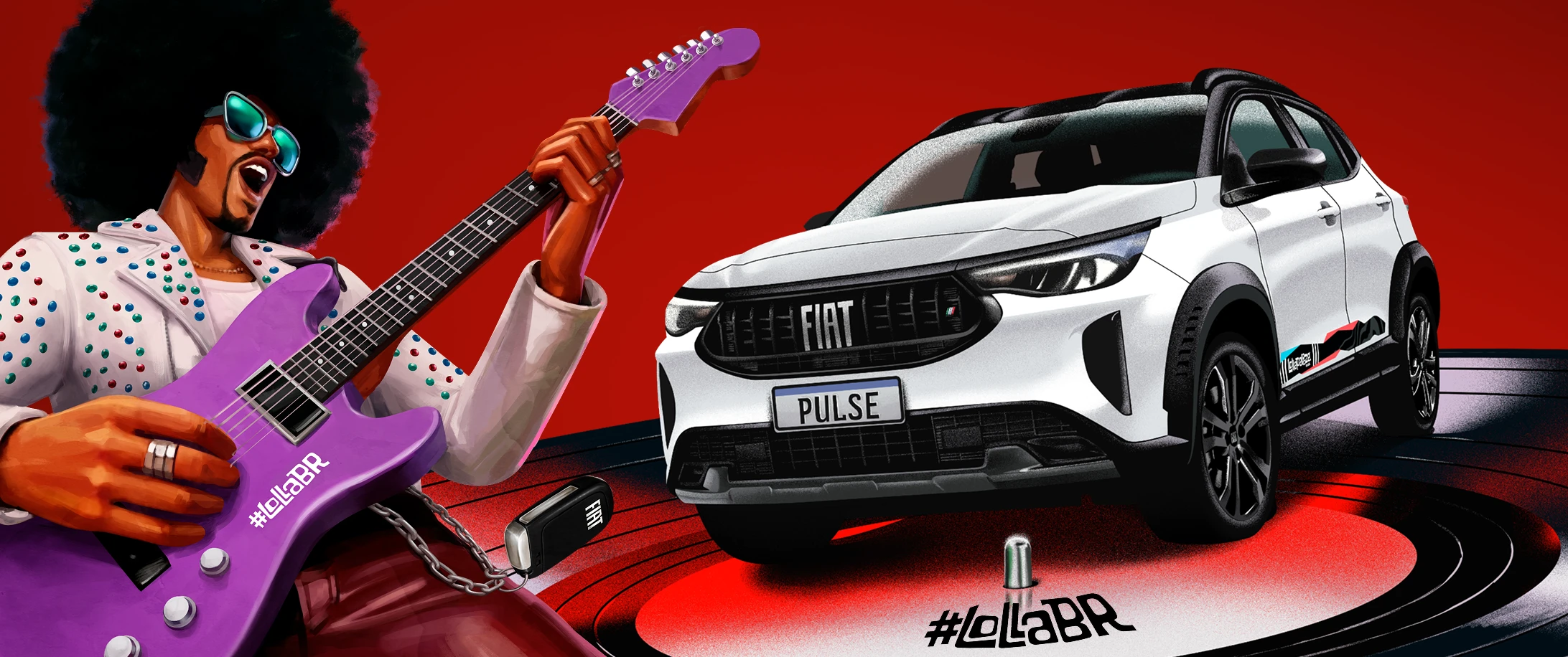 Dois Fiat Pulse Edição Especial LollaBR, um visto de frente e outro de trás, brancos com teto preto, adesivos nas laterais e rodas em preto, sobre fundo vermelho com desenhos circulares, como vibrações sonoras. 