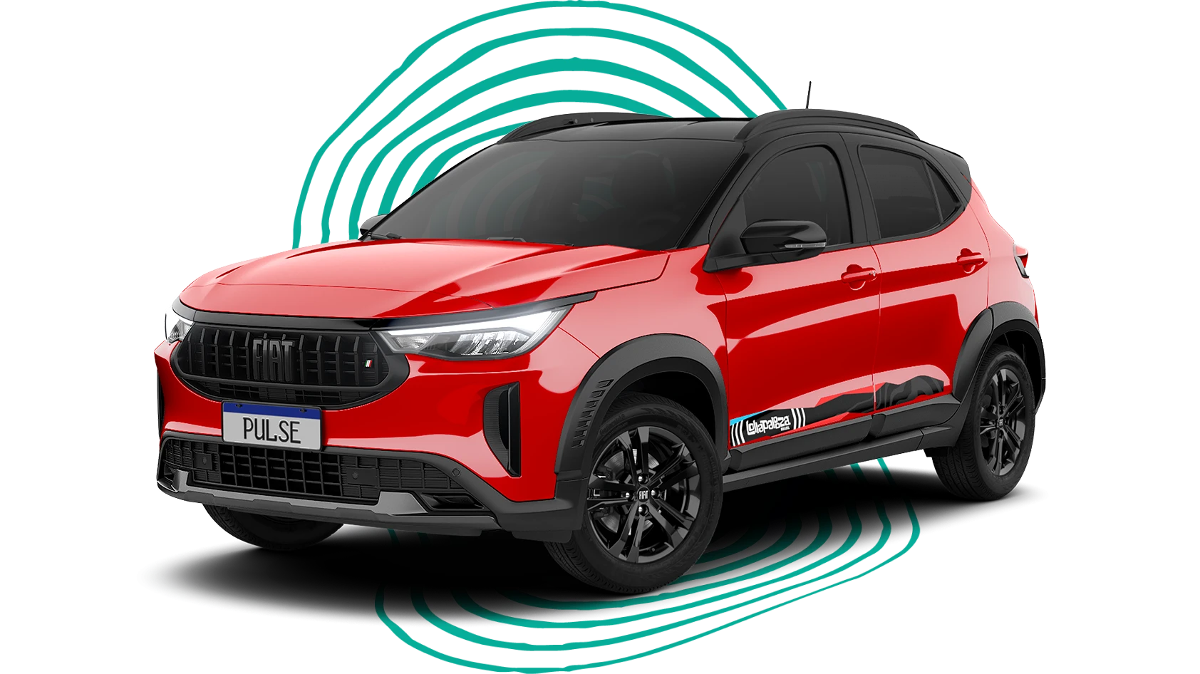 Fiat Pulse na cor Vermelho Montecarlo em visão frontal lateral esquerda sobre fundo com desenhos circulares azuis, como vibrações sonoras.